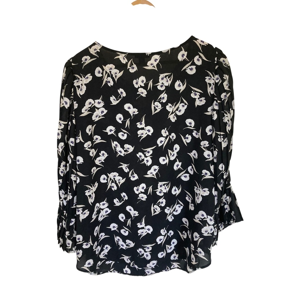 Ann Taylor Black Floral Pleated Bell Sleeve Blouse Scoop Neck Top Large